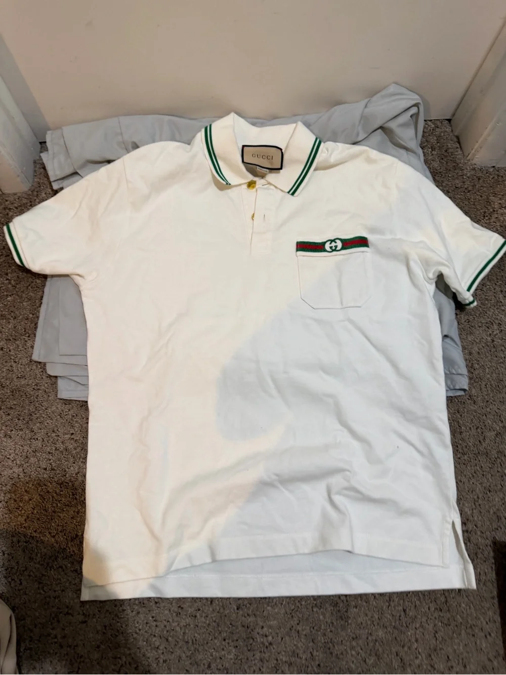 Gucci White Polo with Green Stripe Trim and Chest Web